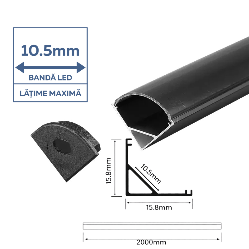 Profil Aluminiu de Colt,  Aplicat pentru Bandă LED 2m, 15.8mm x 15.8mm, Culoare Negru, Capac Mat [2]