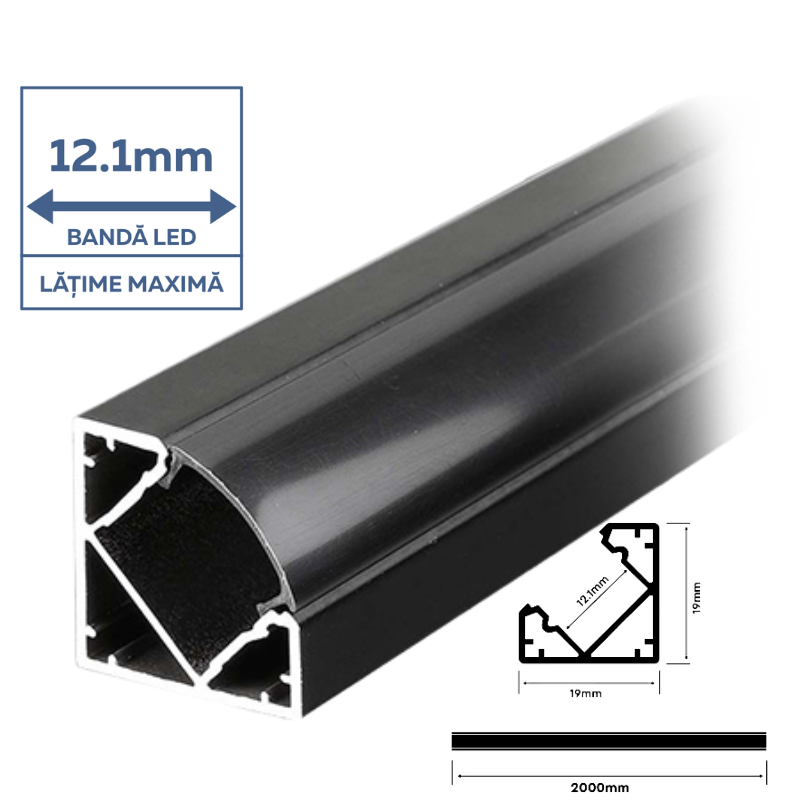 Profil Aluminiu de colț, aplicat pentru bandă LED, 2m, 19mm x 19mm, colț, corp negru, dispersor mat, V-TAC, SKU-2877 [2]