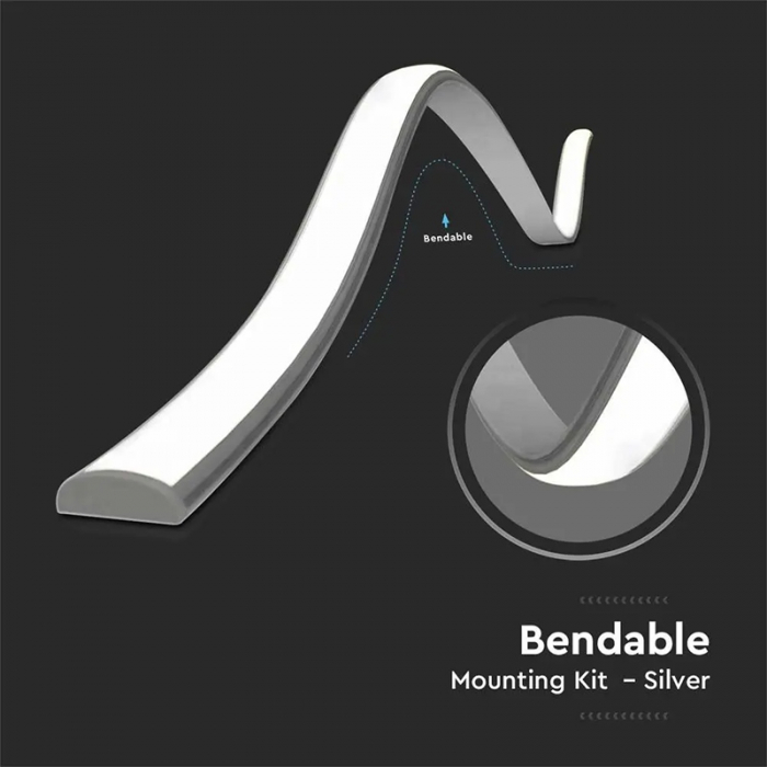 Profil aluminiu aplicat pentru banda led flexibil 2m,  18MM X 6MM, Capac Mat, Corp Argintiu V TAC 2909 [5]