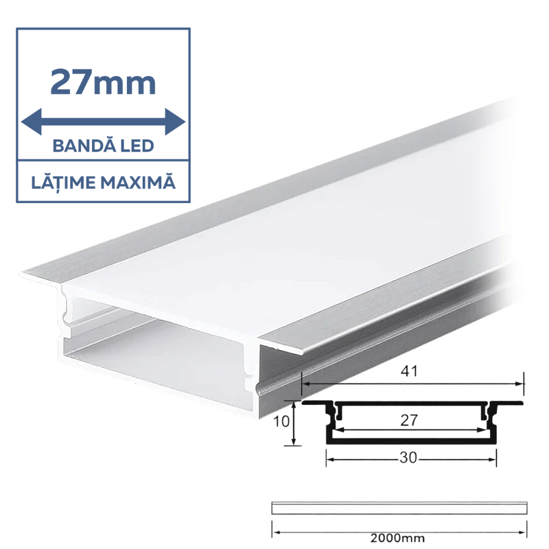 Profil Aluminiu Încastrat pentru Bandă LED, 2m, 30mm x 10mm, capac mat, corp argintiu, V-TAC, SKU-23177 [2]