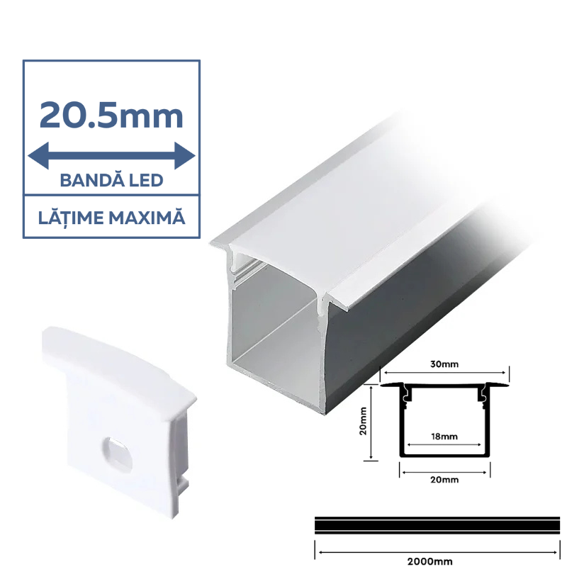 Profil aluminiu încastrat pentru bandă LED, 30mm x 20mm, capac mat, corp argintiu, V-TAC 3372 [2]