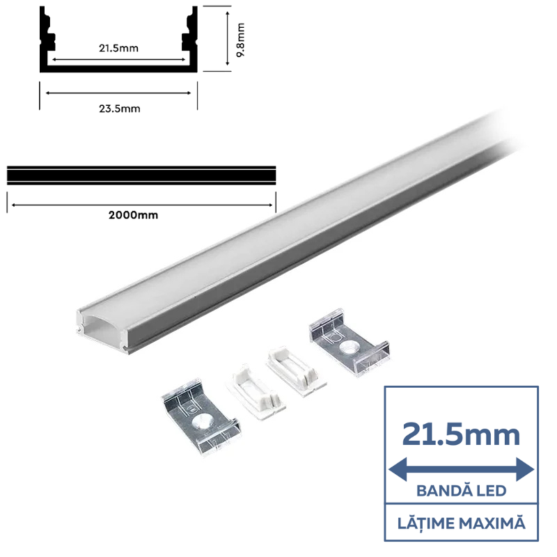 Profil Aluminiu Lat, Aplicat pentru Bandă LED, 2m, 23.5mm x 10mm, corp argintiu, capac mat, V-TAC, SKU-3367 [2]