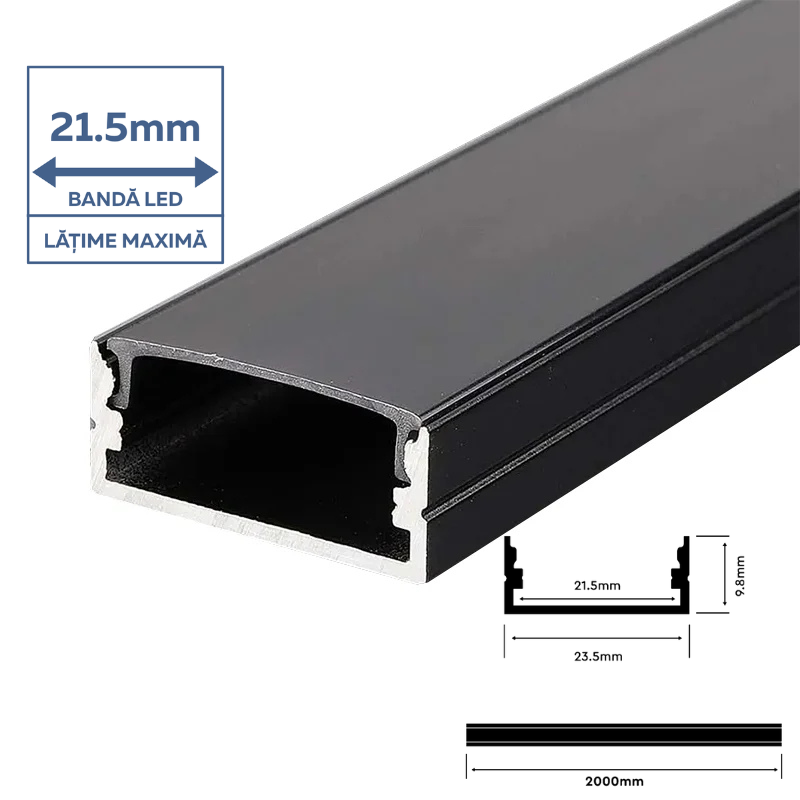 Profil Aluminiu Lat, Aplicat pentru Bandă LED, 2m, 23.5mm x 10mm, corp negru, capac mat, V-TAC, SKU-2876 [2]