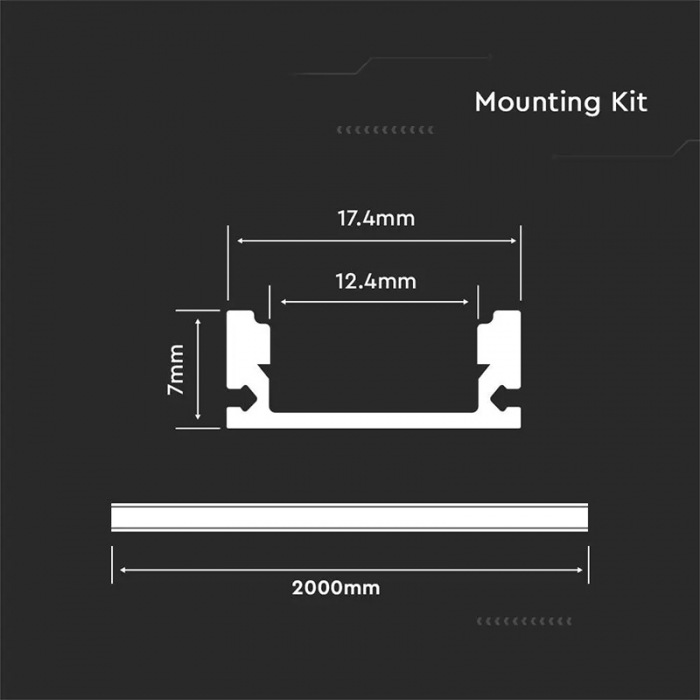 Profil aluminiu aplicat pentru banda led 2metri, 17.4mm x 7mm, Capac Mat, Corp Albv V-TAC 3365 [3]