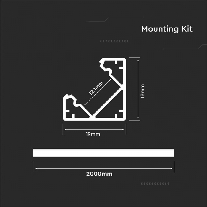 Profil aluminiu pentru banda Led, 2 Metri, de colt aplicat 19mm X 19mm, Capac Mat, V-TAC [4]