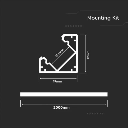 Profil Aluminiu de colț, aplicat pentru bandă LED, 2m, 19mm x 19mm, colț, corp negru, dispersor mat, V-TAC, SKU-2877 [2]
