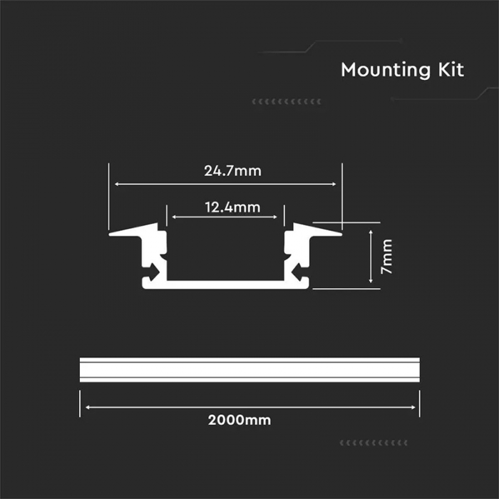 Profil Aluminiu încastrat pentru Bandă LED, 2m, 24.7mm x 7mm, corp argintiu, capac mat, V-TAC, SKU-3350 [2]
