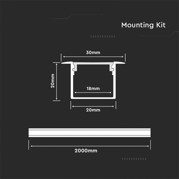 Profil aluminiu încastrat pentru bandă LED, 30mm x 20mm, capac mat, corp argintiu, V-TAC 3372 [4]
