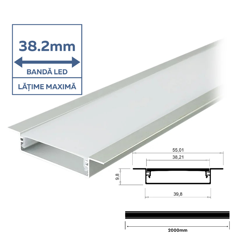 PROFIL ALUMINIU PENTRU BANDA LED 2M 40MM X 10MM - ARGINTIU [2]