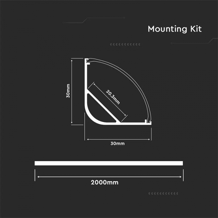 Profil aluminiu pentru banda led pentru colt rotund,  montaj unghi 90GR, 2 Metri, Capac MAT, V-TAC [4]