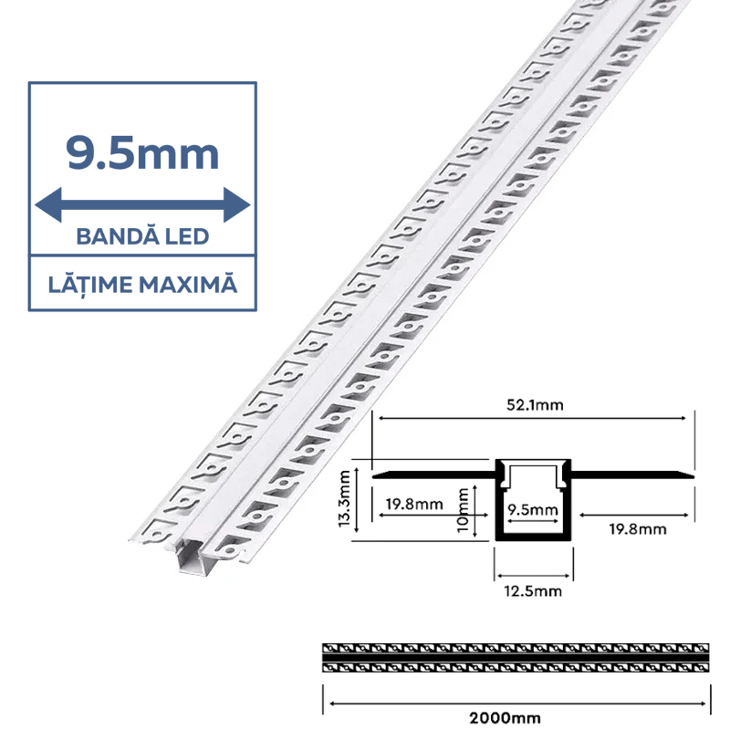 Profil pentru banda led din aluminiu, incastrat, ingust pentru rigips, 2 metri, Capac Mat, V-TAC [2]