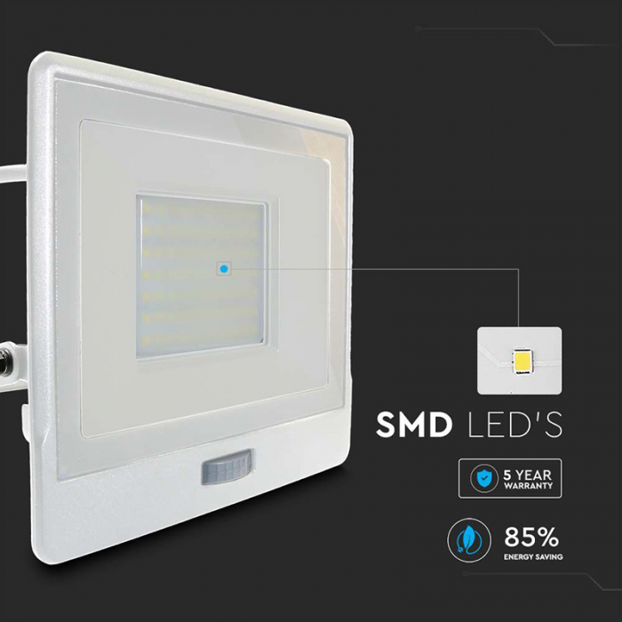 REFLECTOR LED SMD 50W 4000K IP65 CU SENZOR MISCARE - ALB [10]