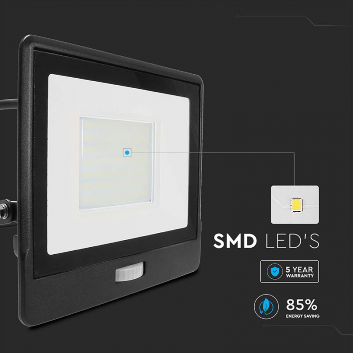 Reflector LED SMD, 50W, 6400K, IP65, cu senzor mișcare, negru, V-TAC, SKU-20291 [11]
