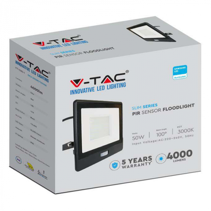 Reflector LED SMD, 50W, 6400K, IP65, cu senzor mișcare, negru, V-TAC, SKU-20291 [9]