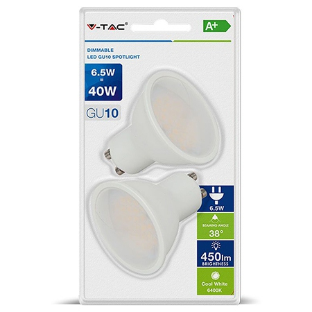 Set 2 becuri led GU10 6W 6400K alb rece V-tac [1]
