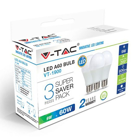 Set 3 becuri led a60 e27 9w 6400k alb rece V-tac [1]