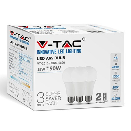 Set 3 becuri led a65 e27 15w 4000k alb neutru V-tac [1]