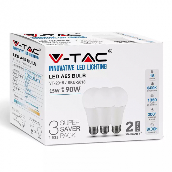 Set 3 becuri led a65 e27 15w 6400k alb rece V-tac [2]