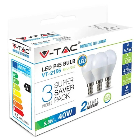 Set 3 becuri led P45 E14 6W 6400K alb rece V-tac [1]
