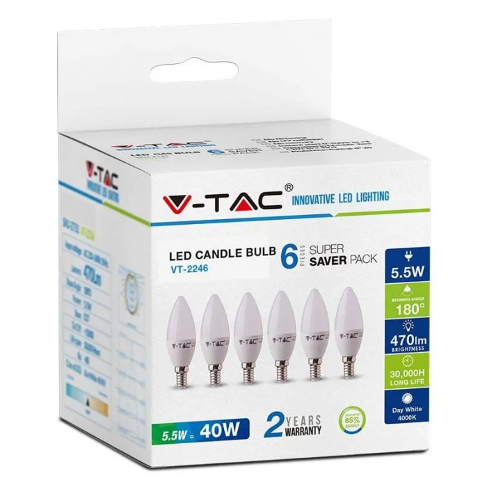 Set 6 becuri e14 5.5w 6400k alb rece V-tac [2]