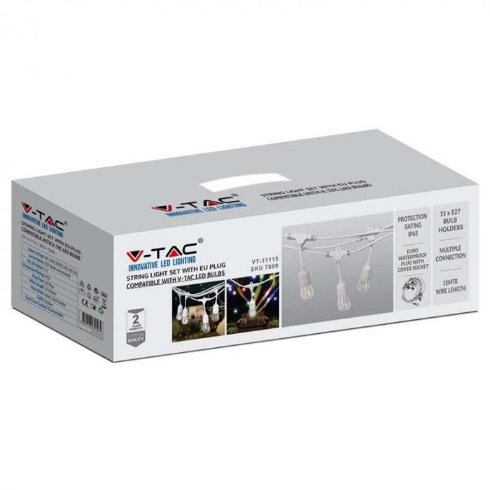 Ghirlanda luminoasa 10 socluri pentru becuri E27, 15 metri, protectie IP65, V-TAC, alb [4]