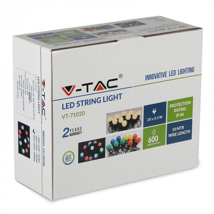 Ghirlanda luminoasa 20becuri x 0.5W, 10 metri, lumina RGBY, protectie IP44, V-TAC [3]