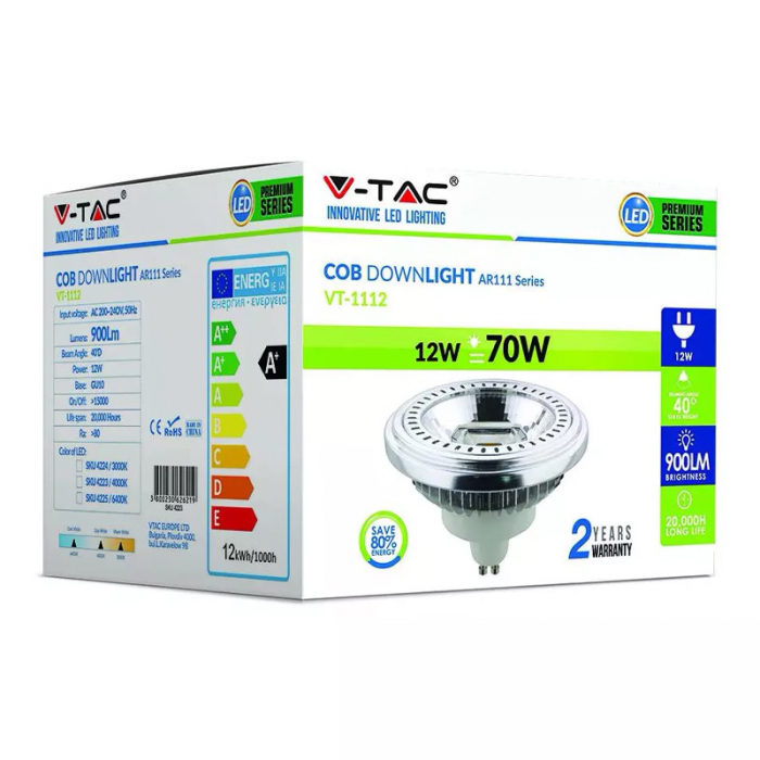 Spot LED GU10 AR111, 12W, 4500K, alb neutru, V-TAC 4223 [6]