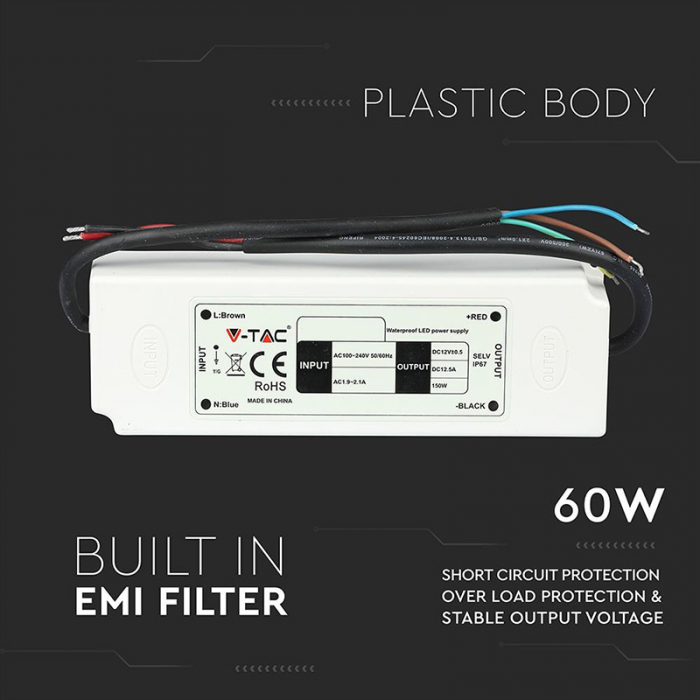 Sursa alimentare banda LED 12V 5A 60W, IP67 V-Tac [6]