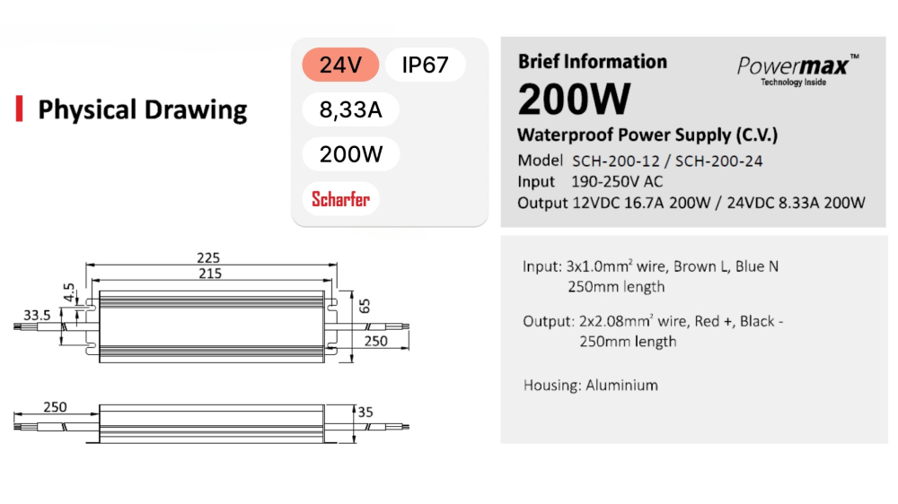 Sursă de alimentare impermeabilă Scharfer SCH-200-24 / IP67 / 24V / 8.33A / 200W 7 Ani Garantie [3]