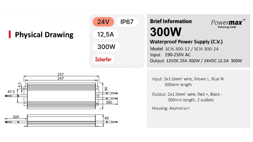 Sursă de alimentare impermeabilă Scharfer SCH-300-24 / IP67 / 24V / 12.5A / 300W 7 Ani Garantie [3]