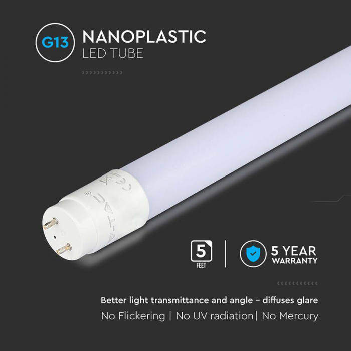 Tub led t8 g13 plastic 24w 150cm 6500k alb rece, cip samsung V-tac [5]