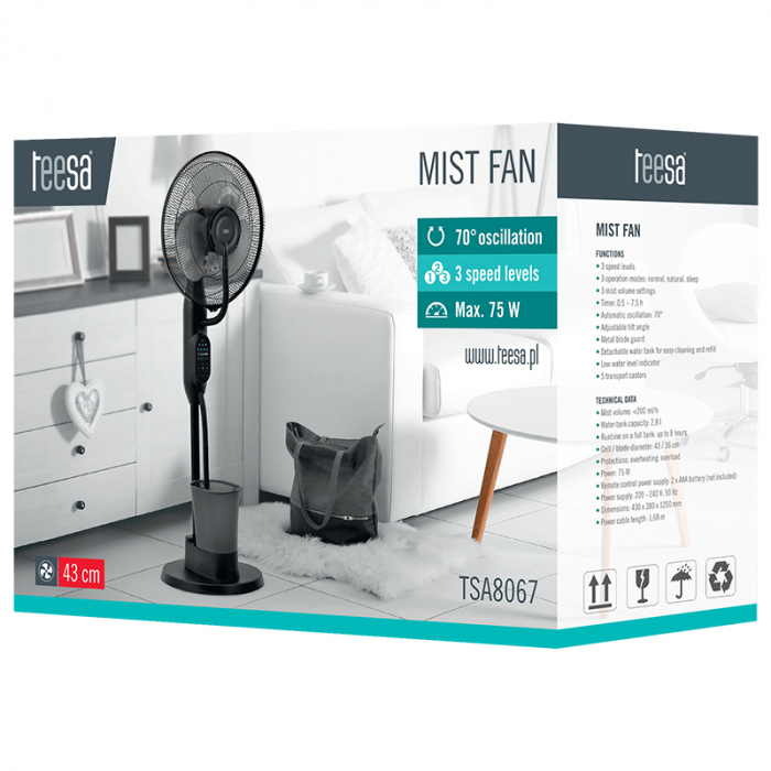 Ventilator cu pulverizare Teesa TSA8067, 3 viteze, 3 setari volum de ceata, Temporizator, Oscilatie automata, 5 Roti de transport (Negru) [10]