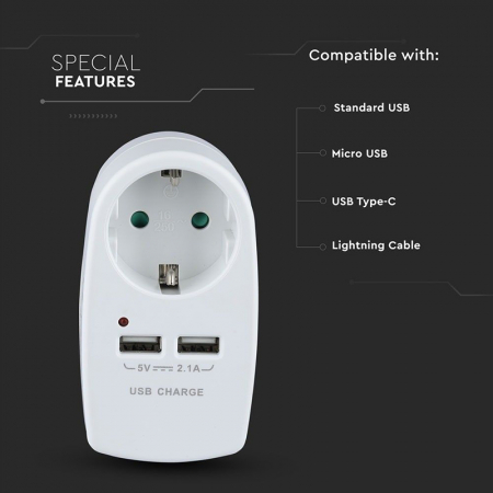 ADAPTOR PRIZA 16A 3680W + 2USB 2.1A, ALB [6]