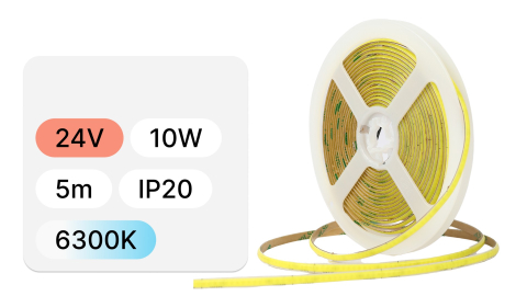 Banda LED COB 24V, 320 LED, 10W, IP20, 6300K, 95lm/W, CRI >90, alb rece, rola 5 metri [2]