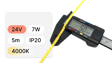 Banda Led COB - Banda LED COB 24V, 400 LED, 7W, IP20, 4000K, 95lm/W, CRI >90, alb neutru, latime 5mm, rola 5 metri