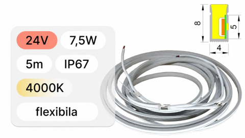 Banda LED 24V - Banda led cob neon 4x8mm, 24V, 7.5W,IP67, 5 metri