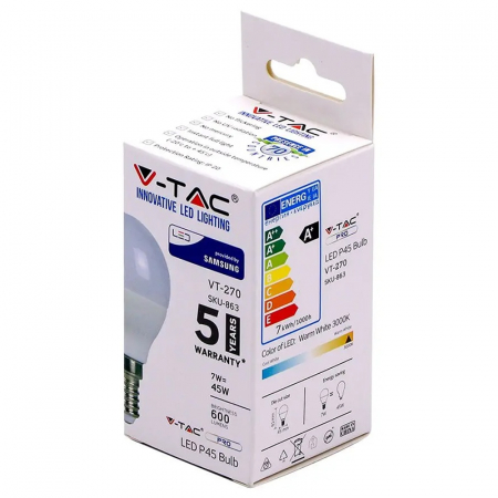 Bec led P45 E14 7W 6400K alb rece, cip Samsung V-tac [2]