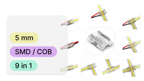 Mufe / Conectori bandă led - Conector banda LED, 5mm, compatibil SMD/COB, max 6A, 9 IN 1