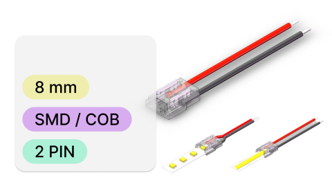 Mufe / Conectori bandă led - Conector banda led alimentare, 8mm, compatibil SMD/COB,  max 6A