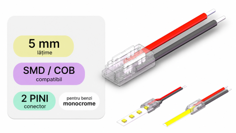 BANDA LED - Conector banda led MONO, 2 pini, 5mm, pentru SMD și COB, max. 6A