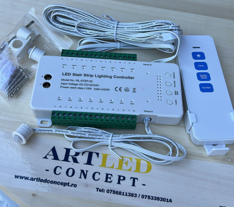 Controler LED scară/scari 12V sau 24V, până la 16 trepte cu senzori mișcare, efect aprindere treptată [1]
