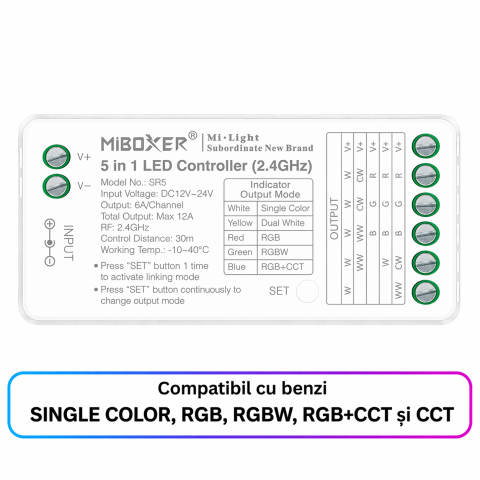 Controller bandă LED - Controler MiBoxer 5 în 1 ALB/CCT/RGB/RGBW/RGB+CCT, 12A, 12-24V