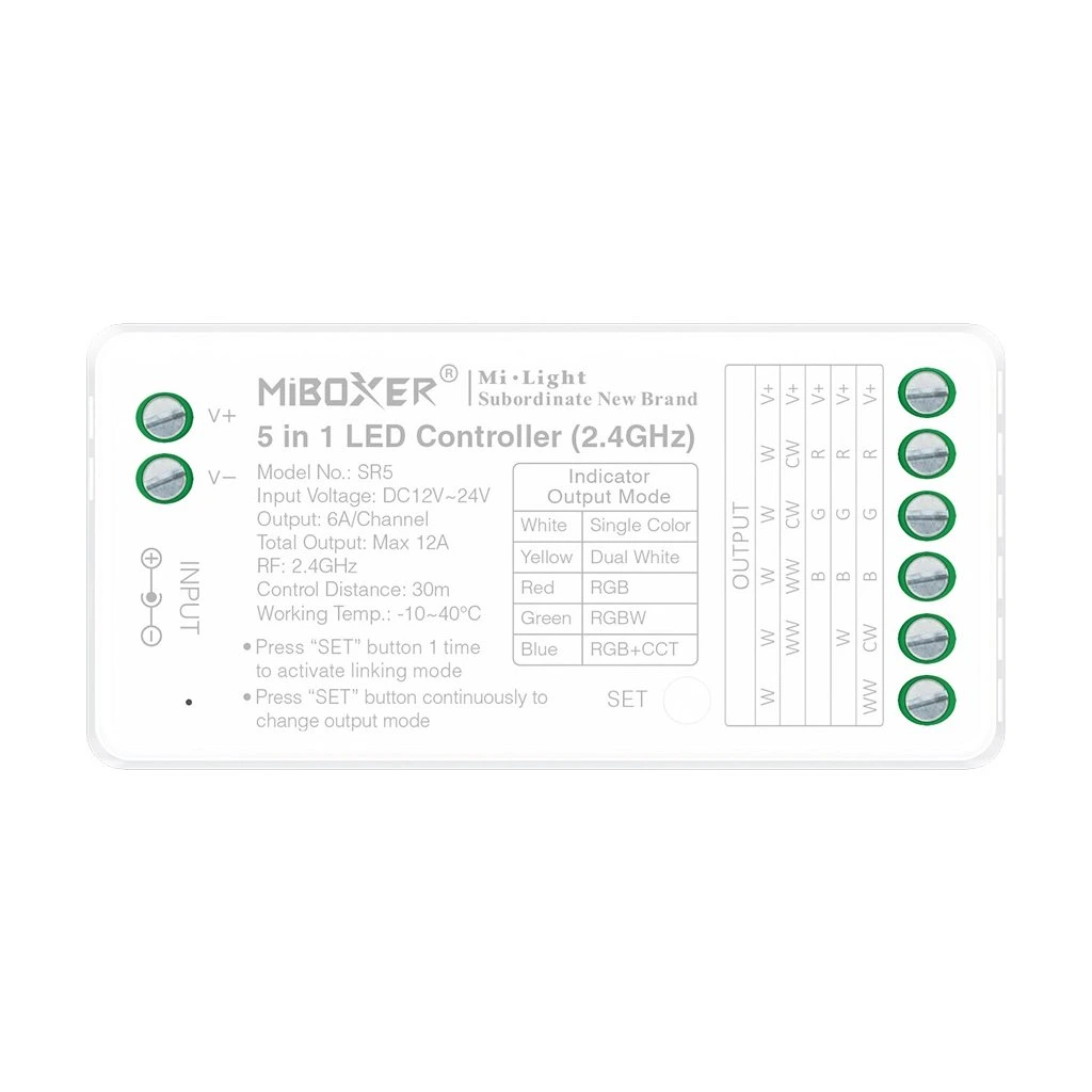 Controler MiBoxer 5 în 1 ALB/CCT/RGB/RGBW/RGB+CCT, 12A, 12-24V