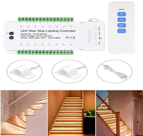 Controlere pentru scari - Controler pentru scară/scari cu 16 trepte, telecomandă 2.4G și 2 senzori PIR