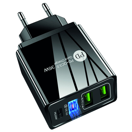 GSM/Tablete/Smartwatch - INCARCATOR RETEA FAST CHARGE + QC 3.0 PD 2.4A 36W - NEGRU
