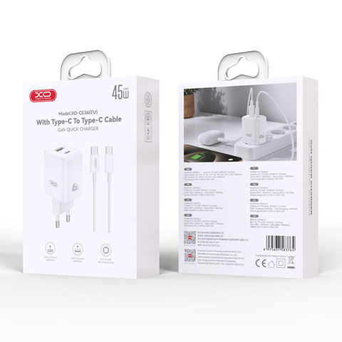 INCARCATOR RETEA PD 45W 3A 1X USB 1 X USB-C + CABLU USB-C 1M - ALB [2]