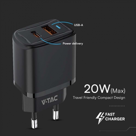 INCARCATOR RETEA QC 20W USB SI TIP C - NEGRU [4]