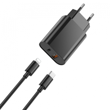 INCARCATOR RETEA USB + USB-C PD QC 20W + CABLU LIGHTNING -NEGRU [3]