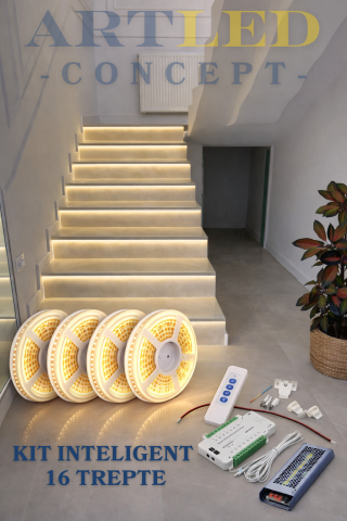 Controlere pentru scari - Kit Iluminat Inteligent Pentru 16 Scari / Scara/ Trepte cu Senzori si banda LED 24V