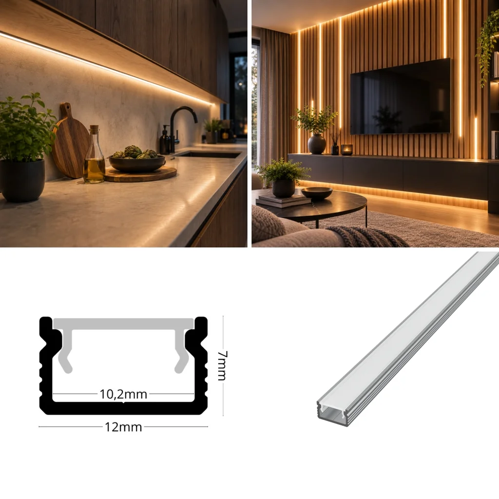 Profil aluminiu slim aplicat 2 m pentru bandă LED, 12x7mm Capac mat [5]